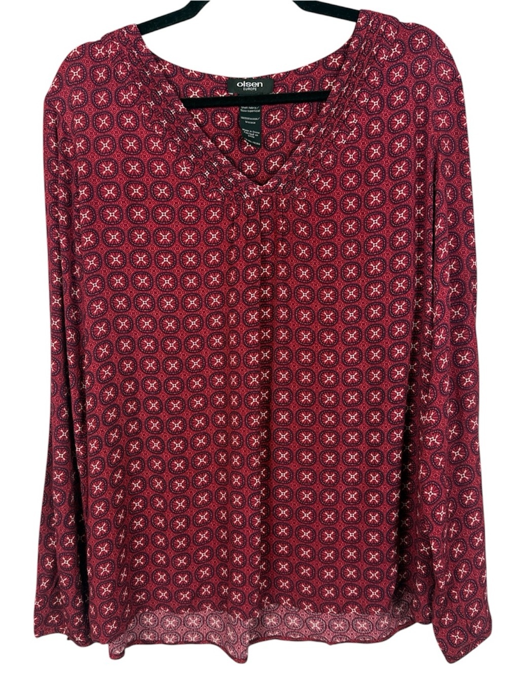 Olsen Europe Red Medallion Geometric Pleated V-Neck Viscose Blouse Size S-M/8